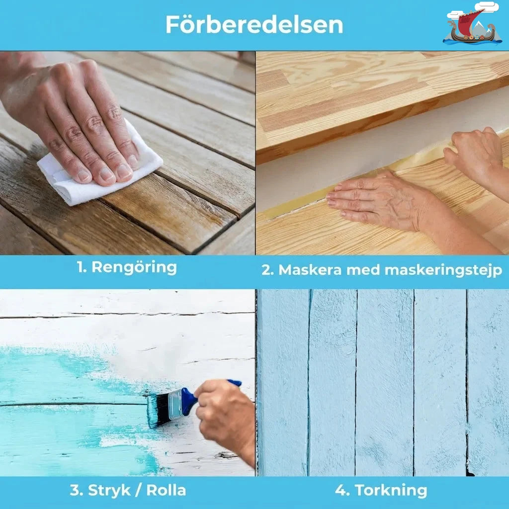 Steg för att förbereda och måla trä: rengör, maskera med tejp, måla med pensel, låt torka.