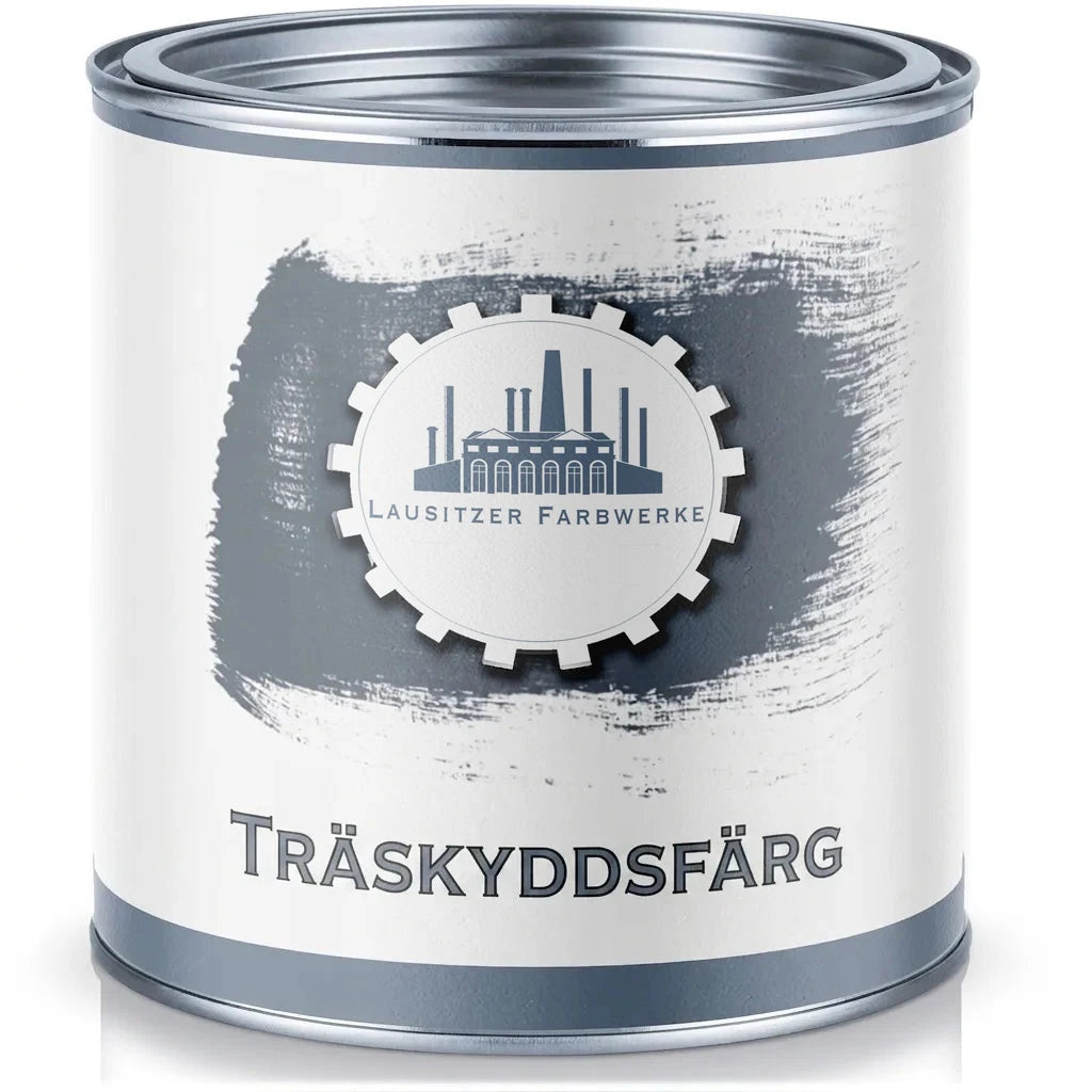 En grå färgburk från Lausitzer Farbwerke med texten Holzschutzfarbe.