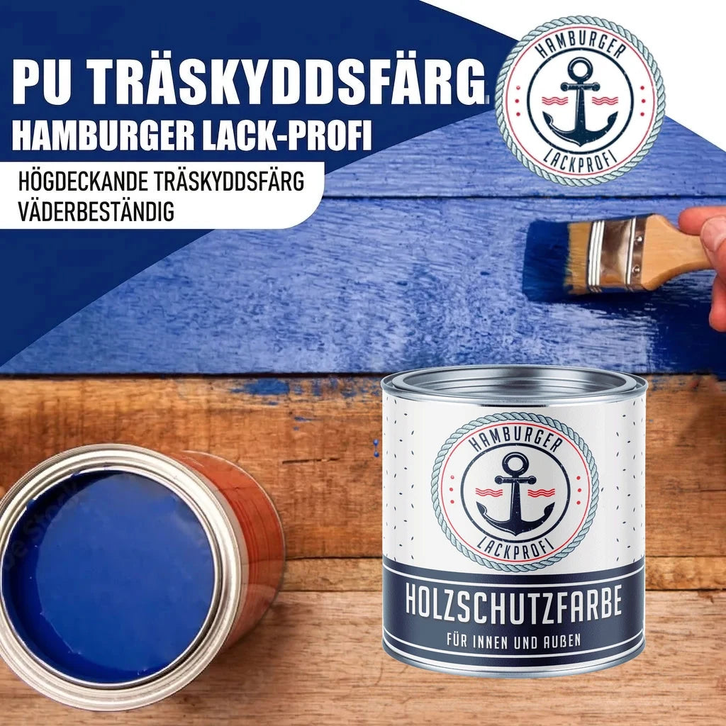 Blå träskyddsfärg från Hamburger Lack-Profi. En hand målar trä med färgen. Burkar med texten "HOLZSCHUTZFARBE FÜR INNEN UND A