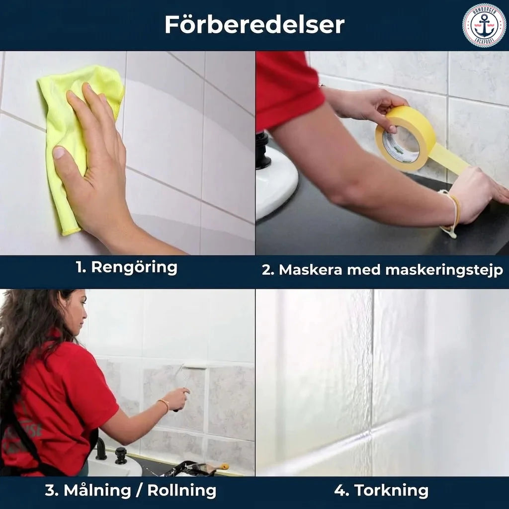 Steg-för-steg-instruktioner för förberedelse och målning av kakel, inklusive rengöring, maskering, målning och torkning.