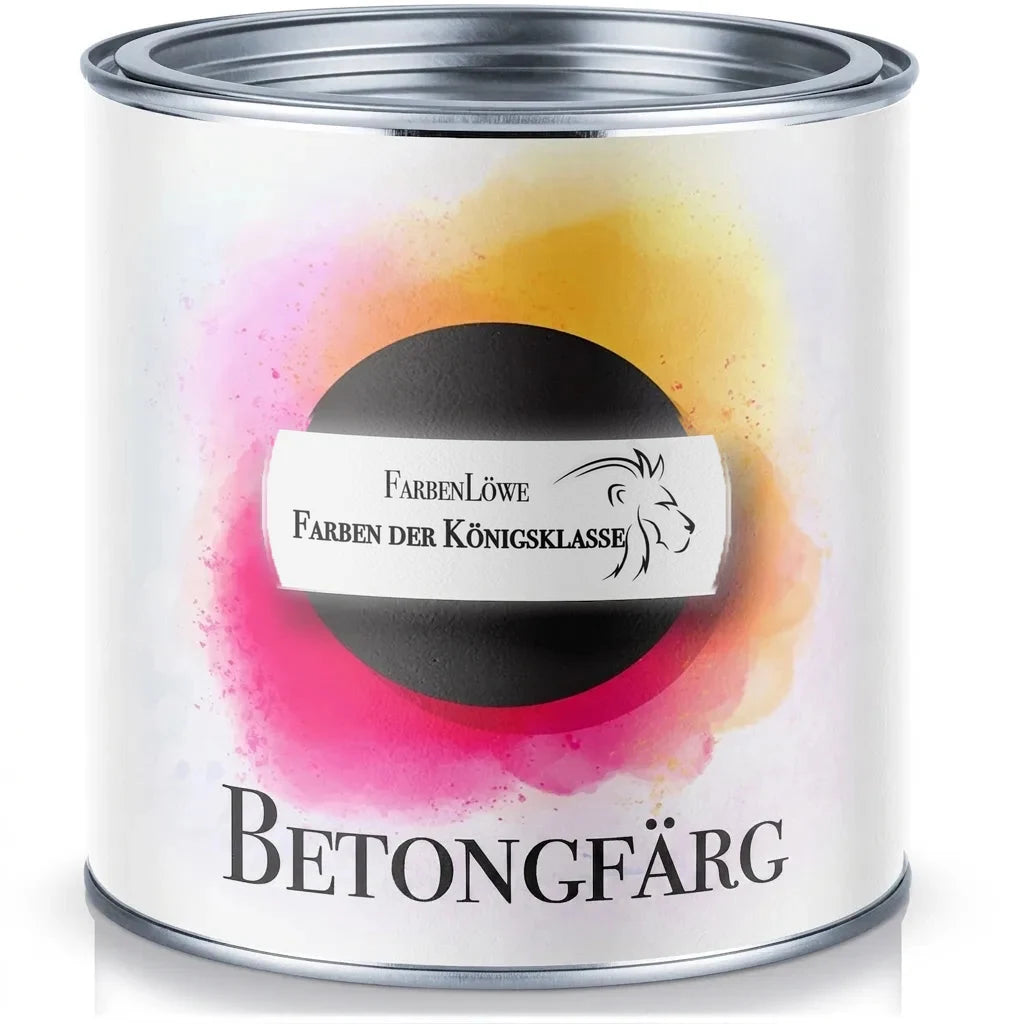 Målarburk med FarbenLöwe betongfärg och etikett med svart cirkel, rosa-gula färgstänk.