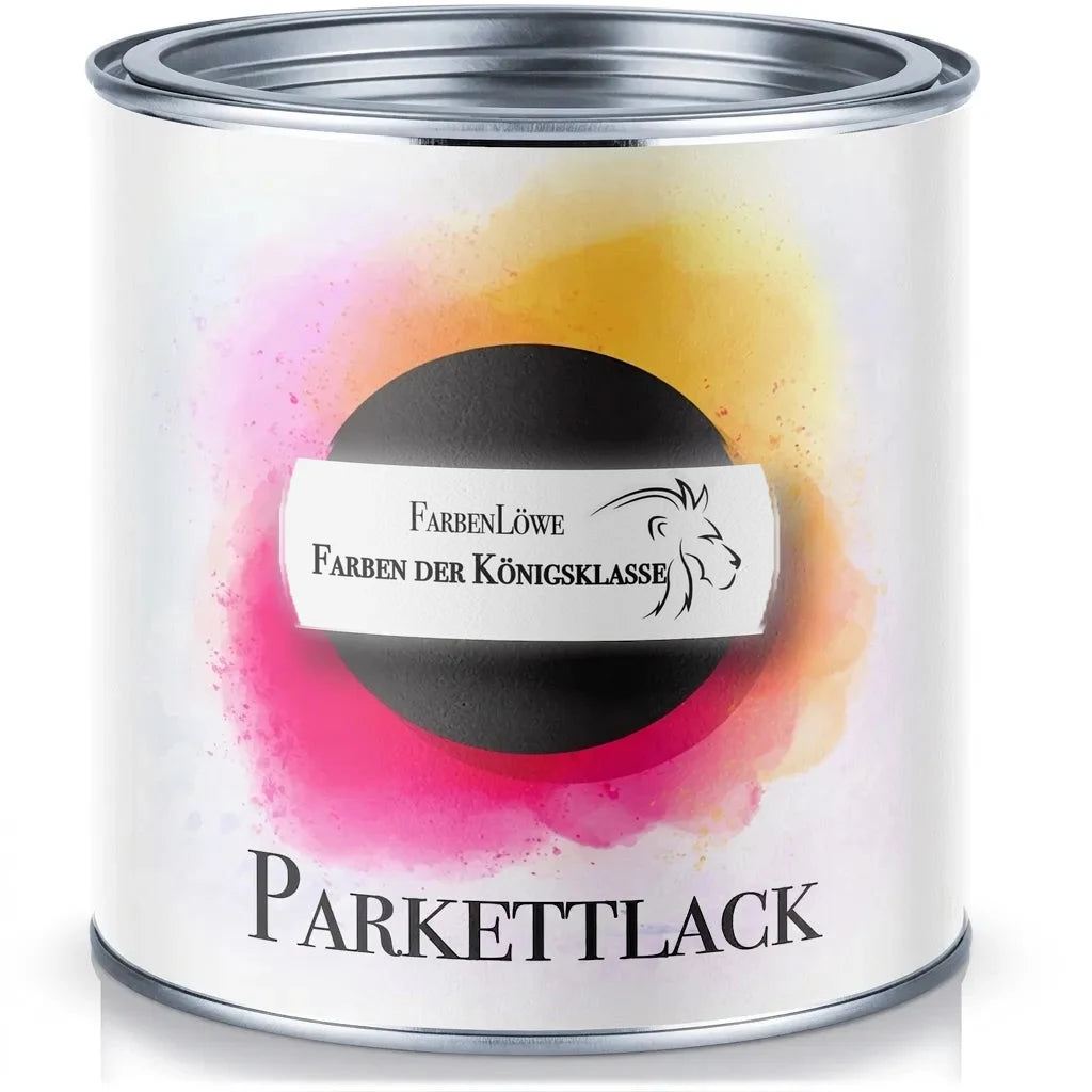 En burk FarbenLöwe parkettlack för trägolv.