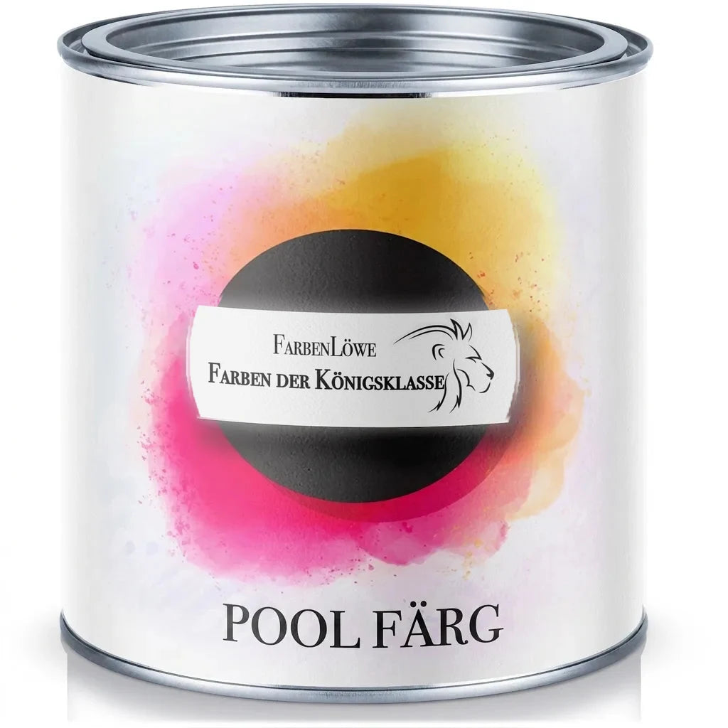 Färgburk med poolfärg från FarbenLöwe, märkta som 'Premiumklassfärger', med färgstark stänkdesign.