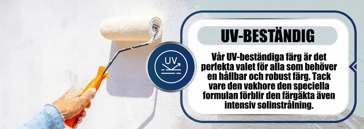 Målare rollar vägg med UV-beständig färg. Färgen är hållbar, robust och färgtålig mot solljus.