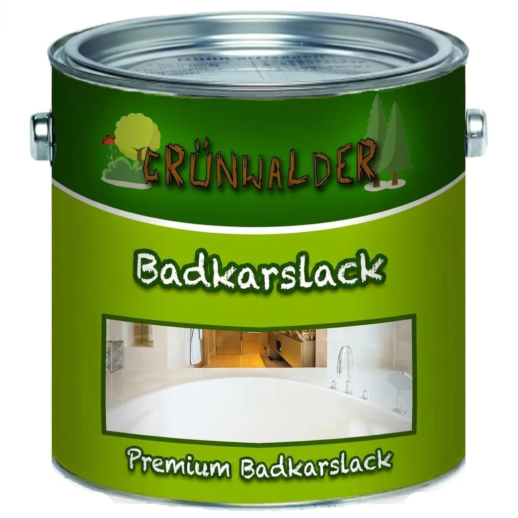 Grön färgburk med märket Grünwalder Premium Badewannenlack för badkar, med bild på ett badrum.