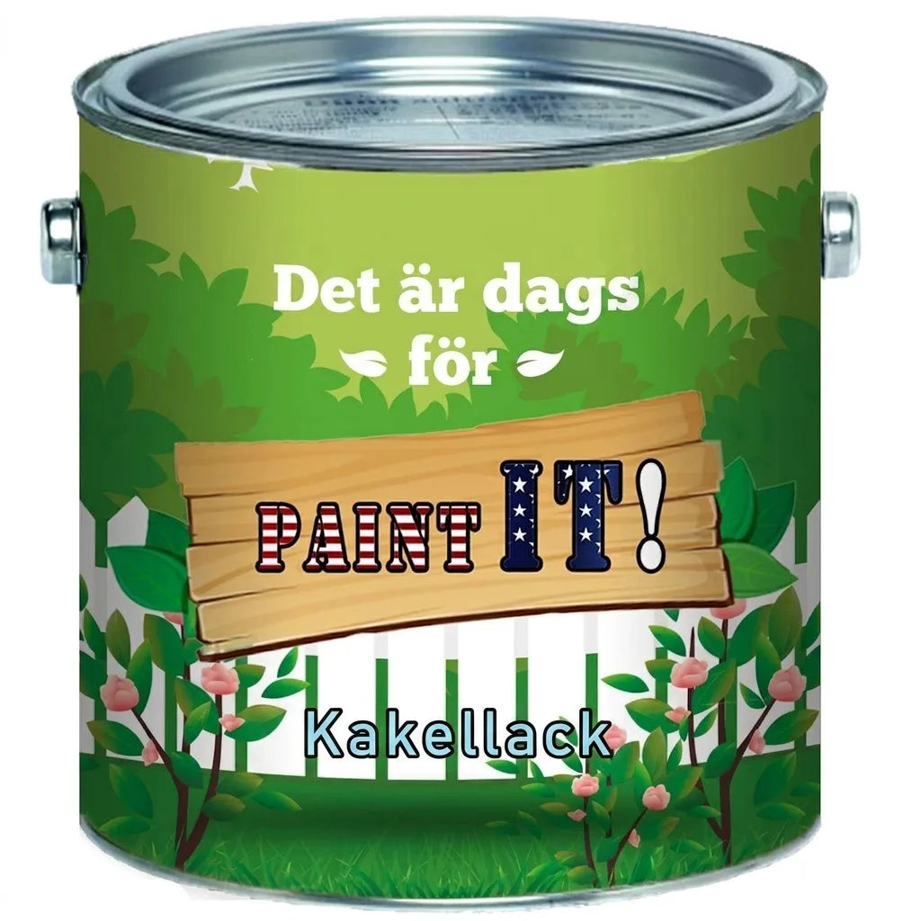 Målarburk för kakellack med grönt trädgårdsmotiv, vita staket och blommor. Text: Fliesenlack.