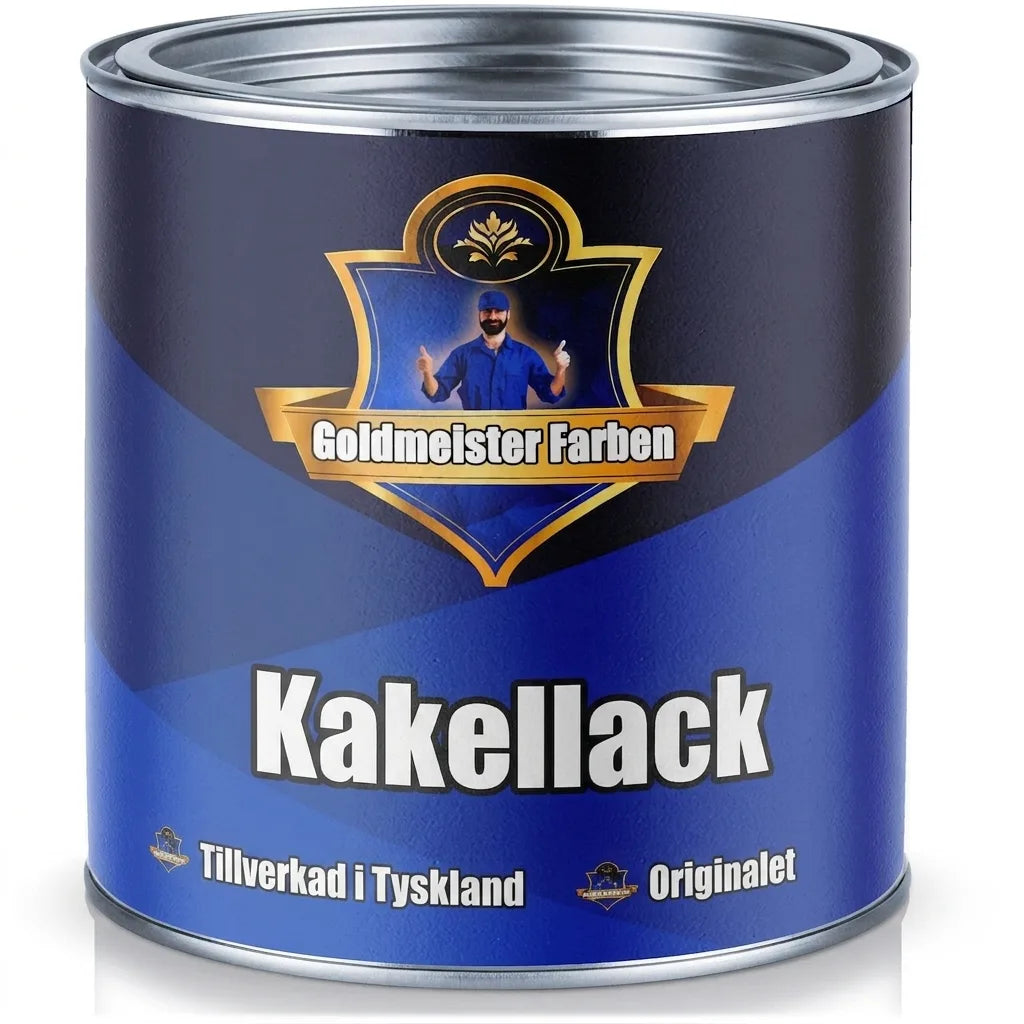 Burk med Goldmeister Farben kakellack, 'Fliesenlack', tillverkad i Tyskland, med en man som gör tummen upp.