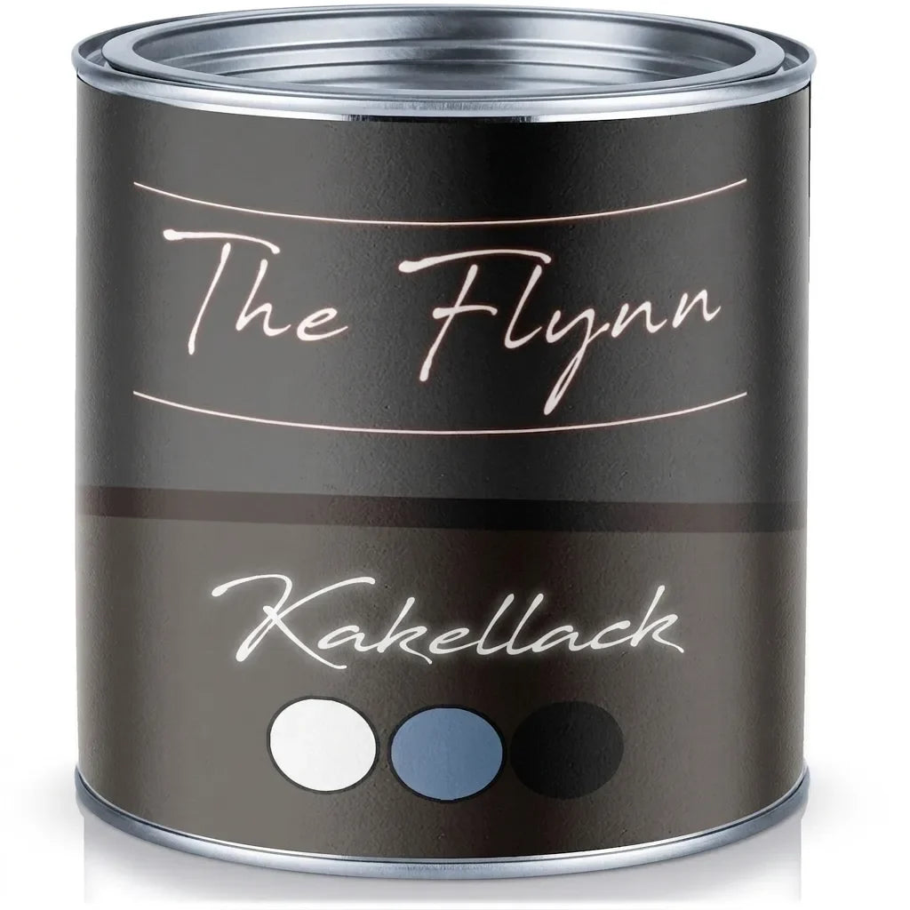 En burk med The Flynn kakellack i färgerna vit, blå och svart. Kakel färg.