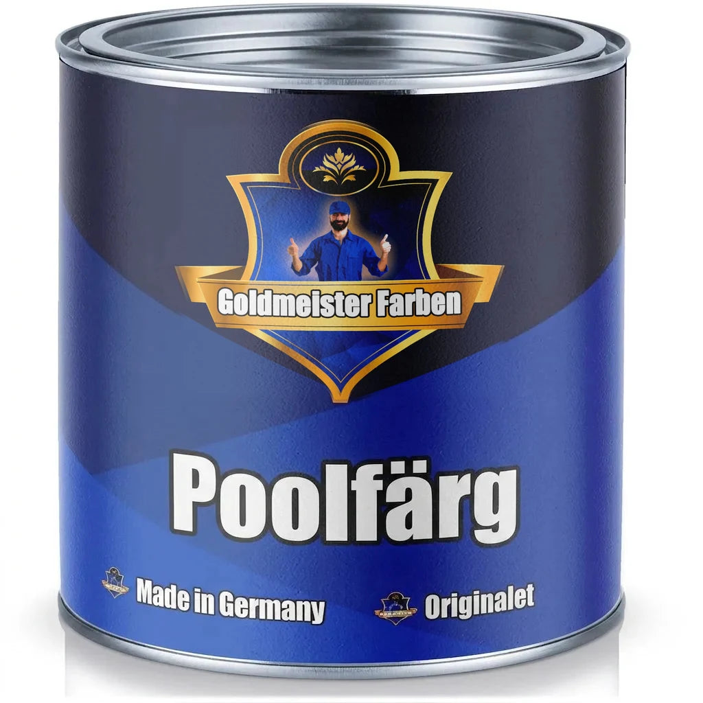 Blå Goldmeister Färger poolfärgburk med silverlock. Märkt 'Poolfärg', 'Tillverkad i Tyskland' och 'Originalet'.