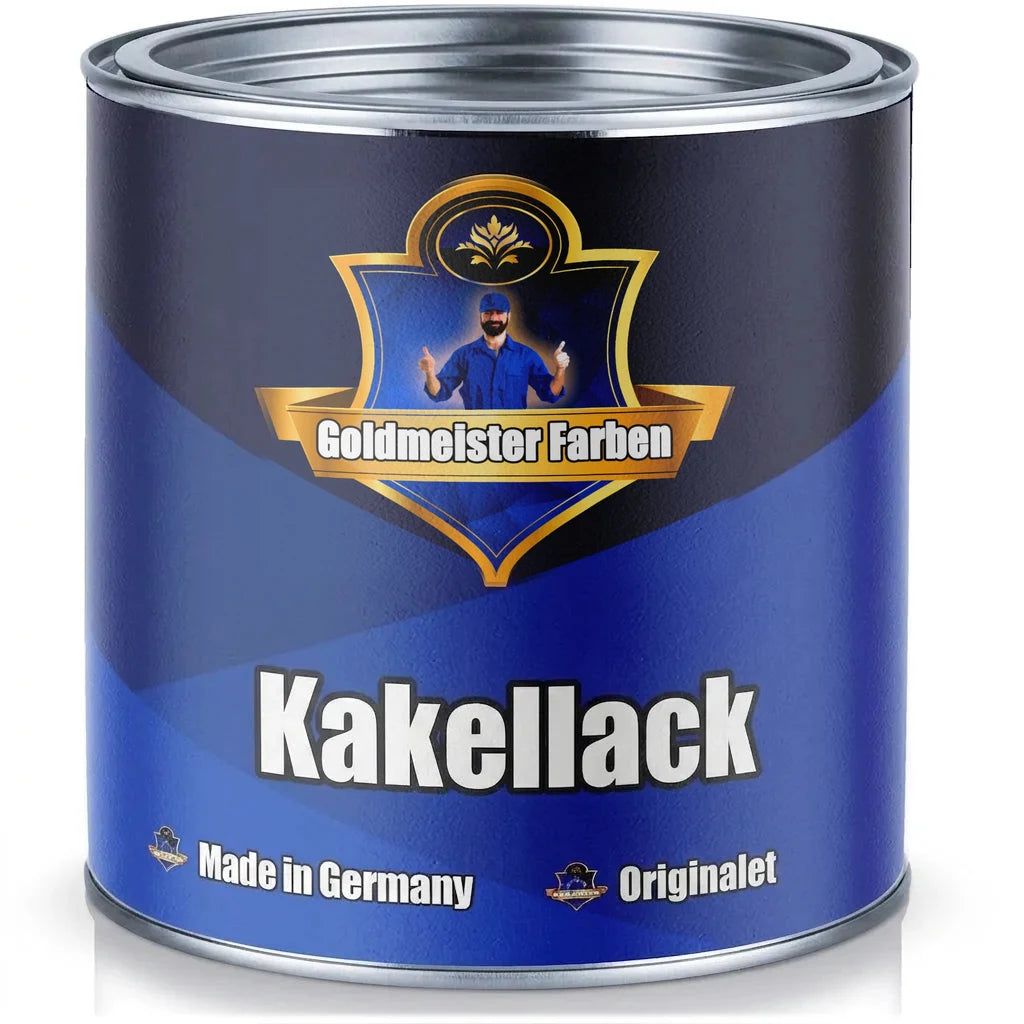 Blå färgburk Goldmeister Farben kakellack med texten 'Fliesenlack', 'Made in Germany' och 'Das Original'.