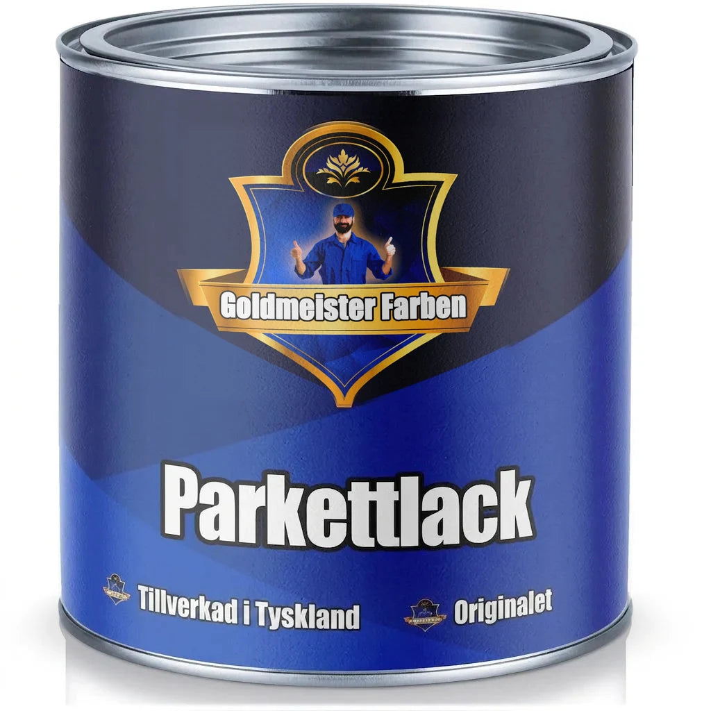 Blå färgburk Goldmeister Farben Parkettlack Made in Germany