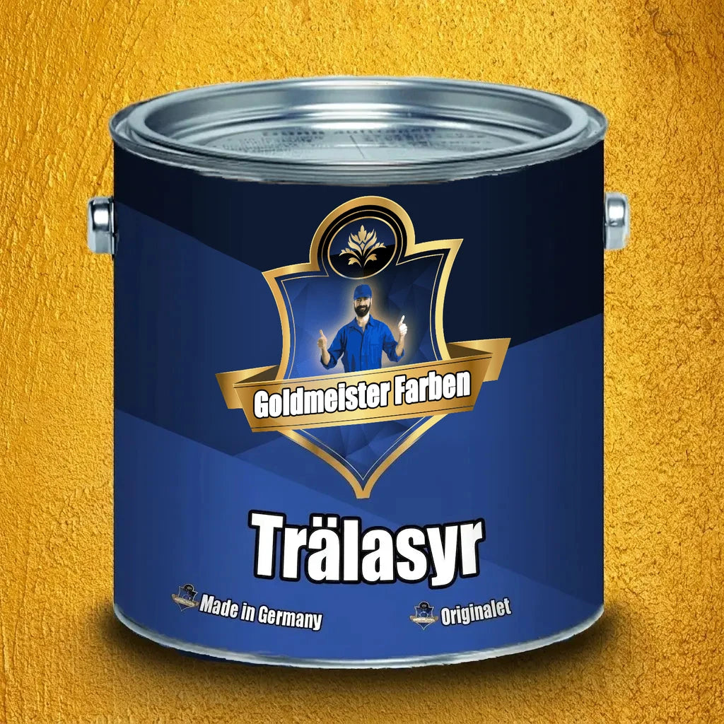 Blå färgburk med guldetikett för trälasyr från Goldmeister Farben. En man ger tummen upp på etiketten.