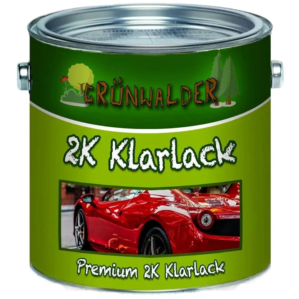 Grünwalder Premium 2K klarlack i burk med bild på röd bil, för högblank finish och skydd.