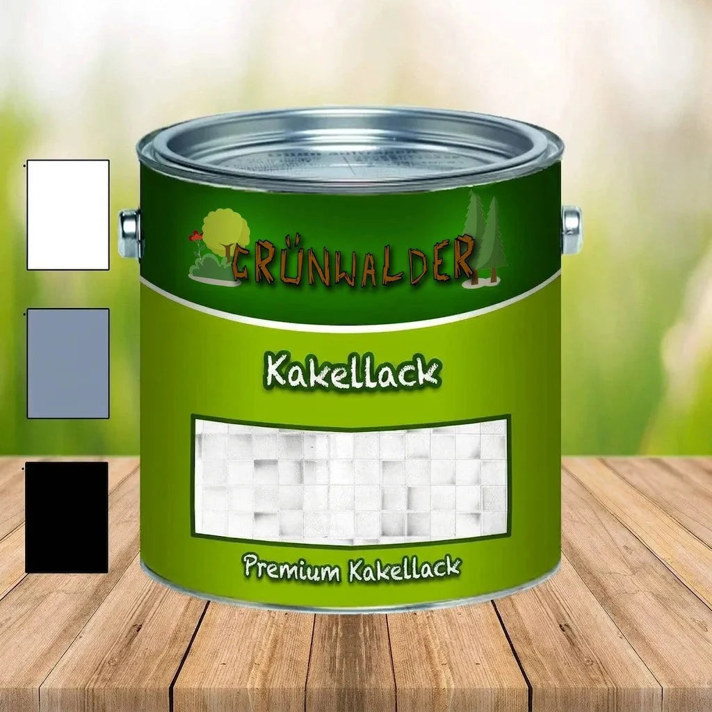Grünwalder premium kakelfärg i en grön burk, med färgprover i vitt, grått och svart på sidan.