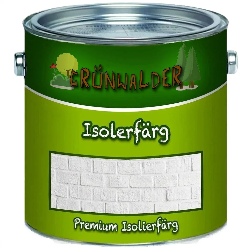 Grünwalder isoleringsfärg i grön burk. Text 'Isolierfarbe' och 'Premium Isolierfarbe' synlig. Bild av vit tegelvägg.