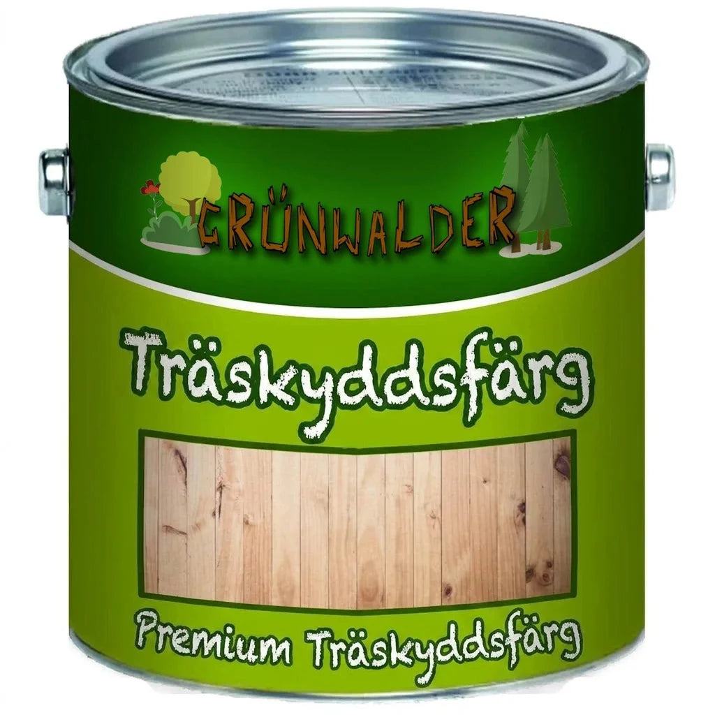 Grünwalder Premium träskyddsfärg i burk. Etikett med träfärgsprov för naturligt träskydd.
