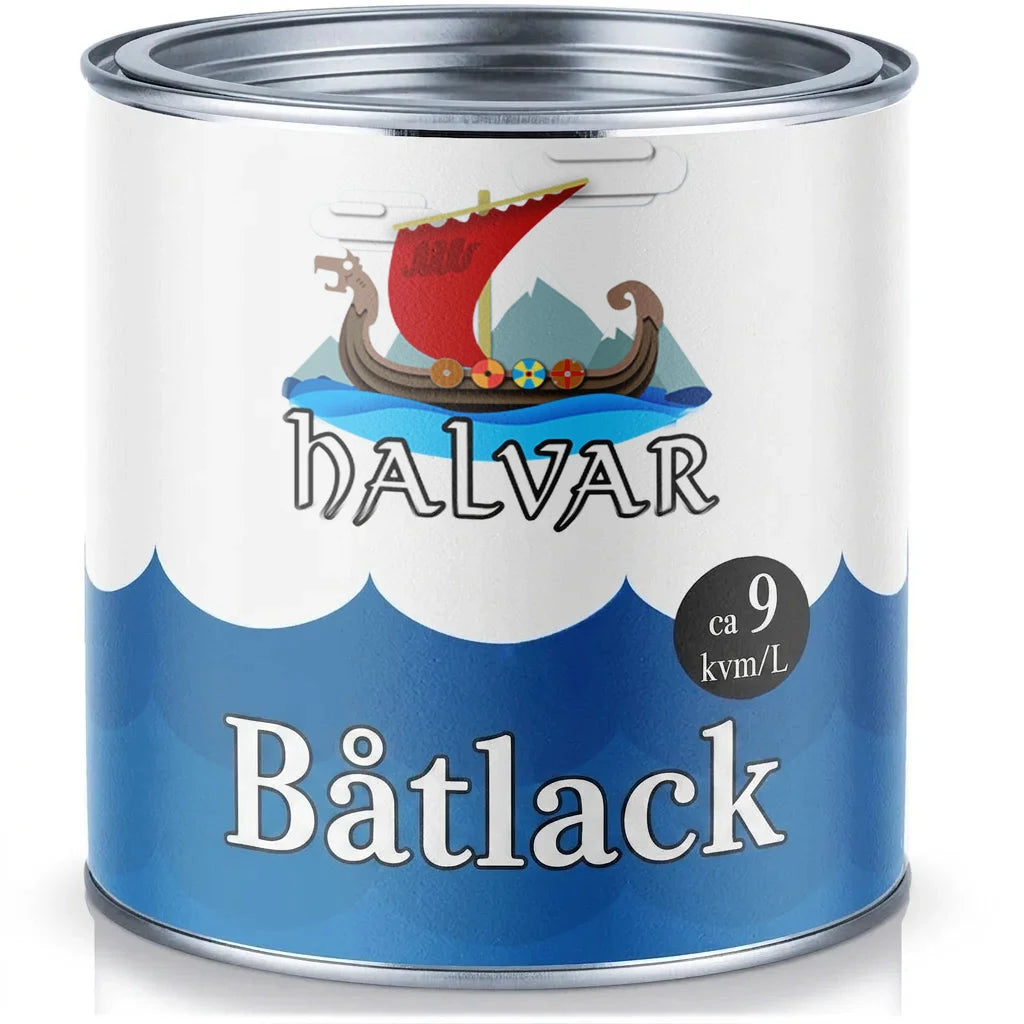 Målarburk Halvar båtlack med vikingaskeppslogga, ca 9 kvm/L.
