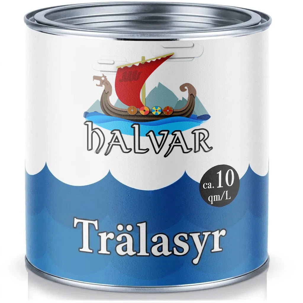 Halvar trälasyr burk med vikingaskepp, berg och vågor. Uppgift om ca 10 kvm/L.
