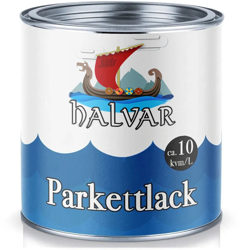HALVAR parkettlack burk med vikingaskepp och blå vågor. Täcker ca 10 kvm/L.