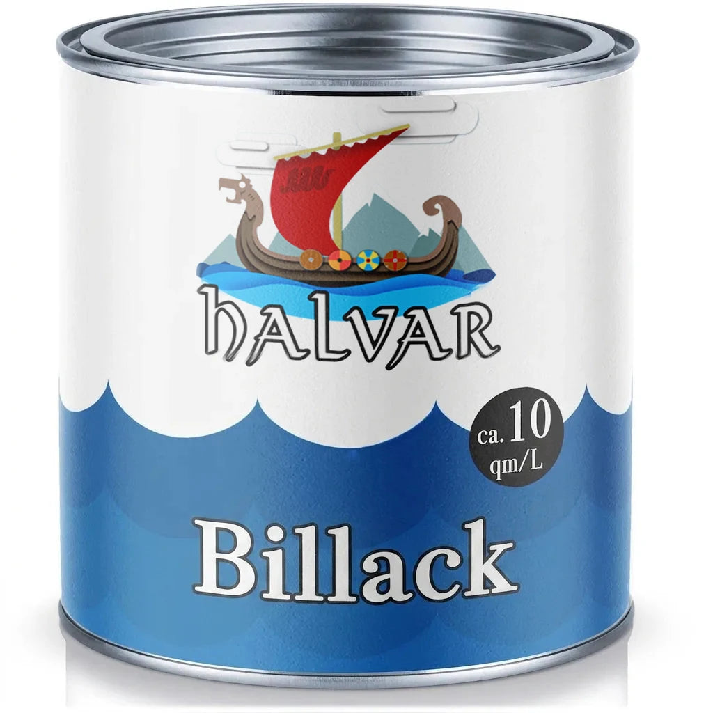 HALVAR billack i burk med vikingaskeppsmotiv, täcker ca 10 kvm/L.