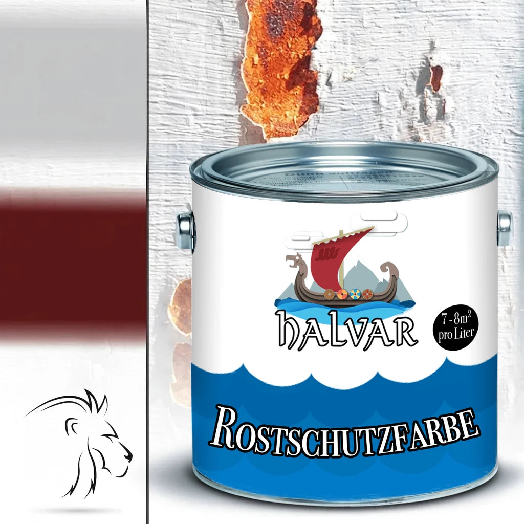 Halvar "Rostschutzfarbe" i burk med vikingaskepp, 7-8m² pro Liter. Rostig vägg i bakgrunden.