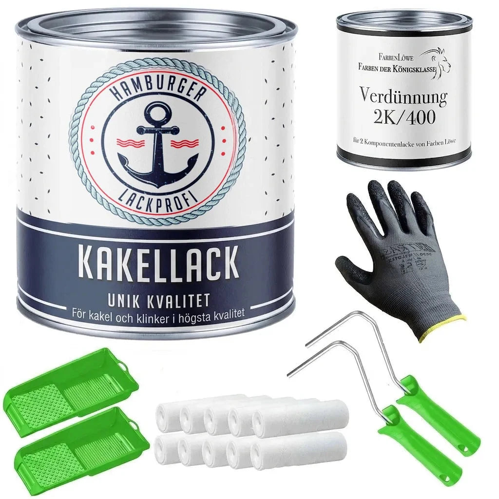 Komplett set med Hamburger Lackprofi kakellack, Verdünnung 2K/400 utspädning, målarrollers, tråg och handskar.