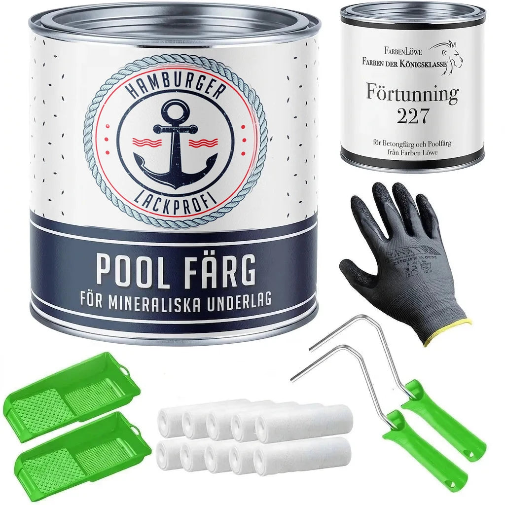 Målarkit för pool: poolfärg, förtunning, handskar, 8 minirullar, 2 rollerbyglar, 2 målartråg.