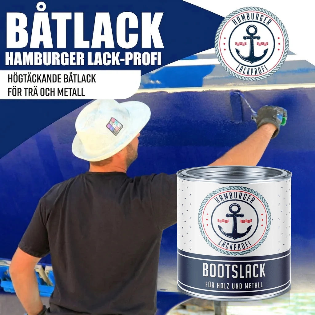 Man målar en blå båt med "HAMBURGER LACK-PROFI" båtlack. Burken säger "BOOTSLACK FÜR HOLZ UND METALL".