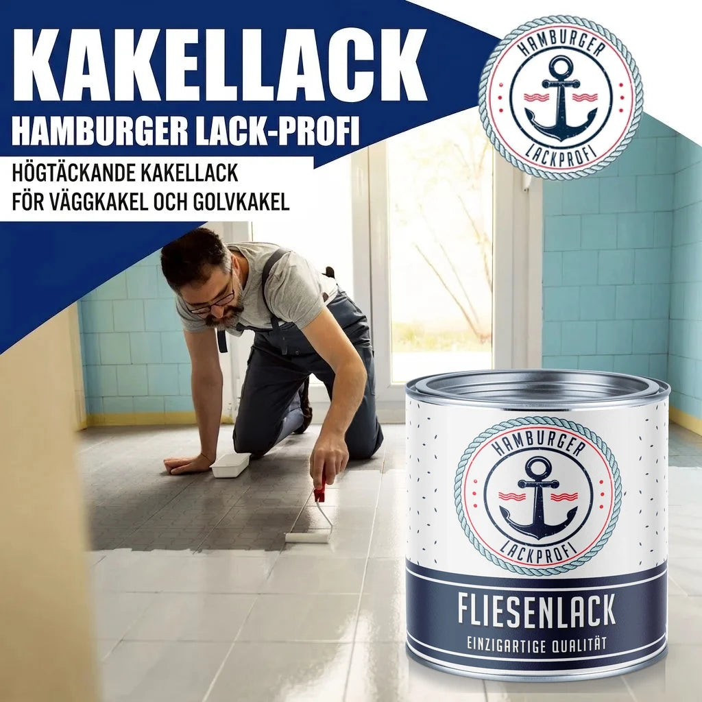 Man målar golv med "KAKELLACK" från "HAMBURGER LACK-PROFI". Burken är märkt "FLIESENLACK".