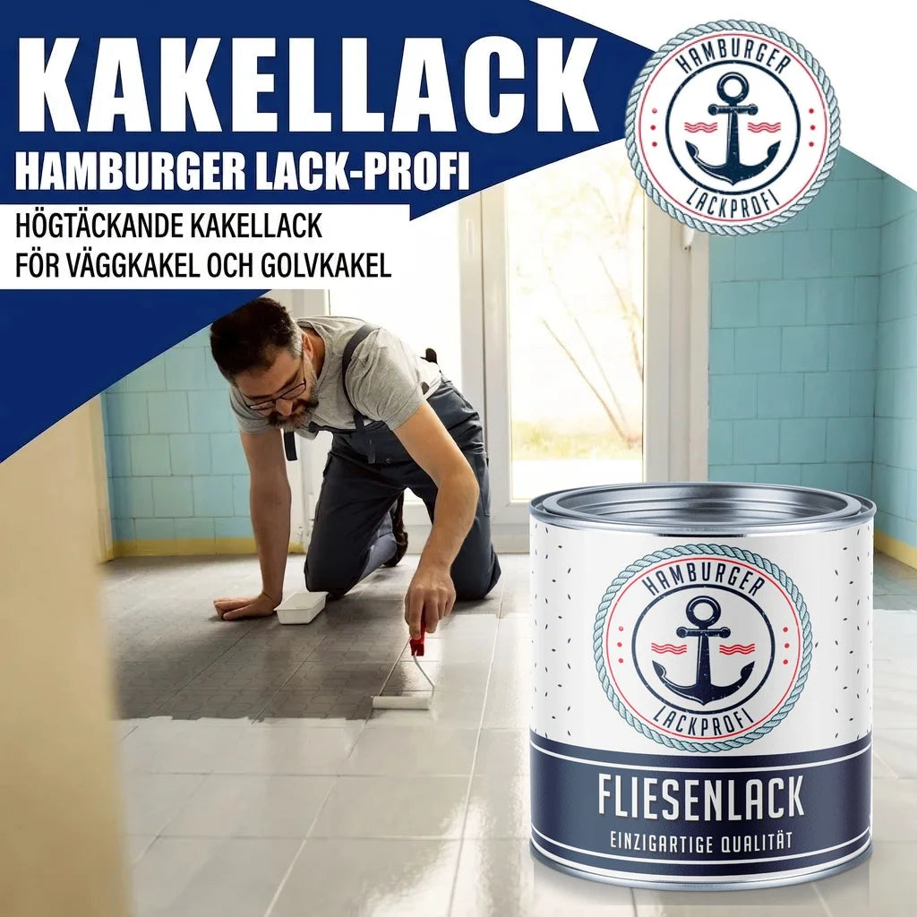 Man målar golv med "KAKELLACK" från "HAMBURGER LACK-PROFI". Burken säger "FLIESENLACK".