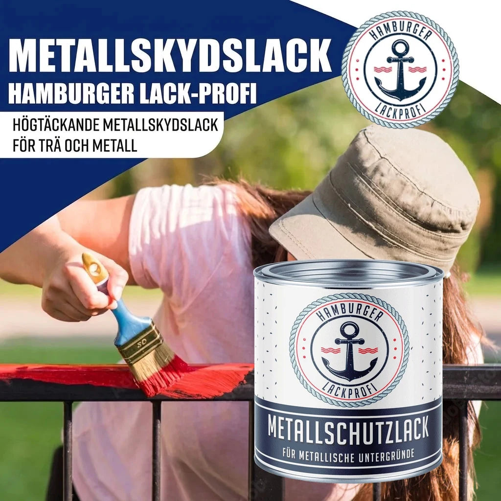 Kvinna målar rött staket med "Hamburger Lack-Profi" "METALLSCHUTZLACK".