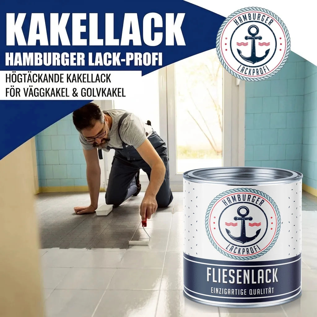 Man målar golv med "KAKELLACK" från "HAMBURGER LACK-PROFI". Burken är märkt "FLIESENLACK".