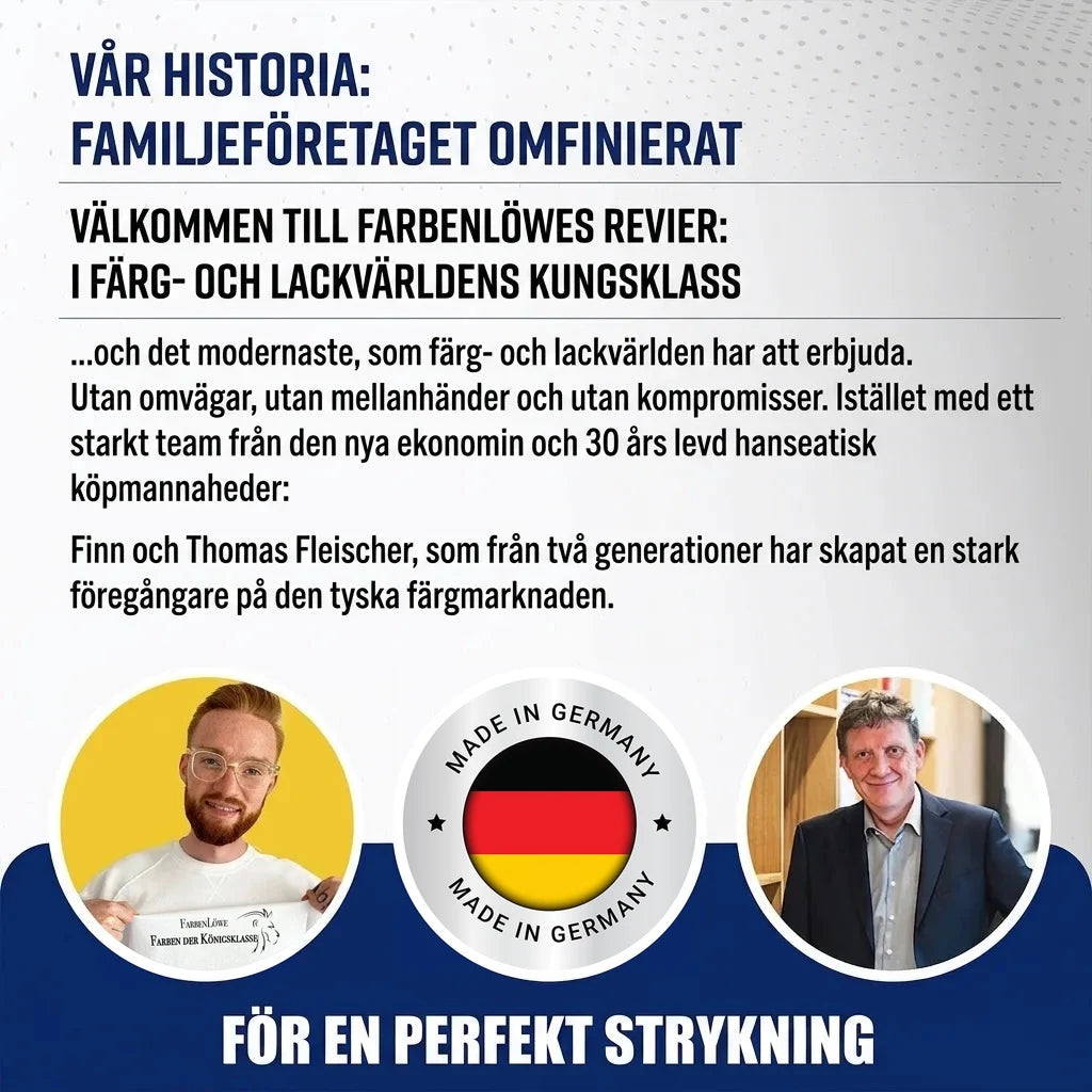 Tysk marknadsföring för färger. Text om familjeföretaget Farbenlöwe, premiumfärg & en perfekt målning. Made in Germany.