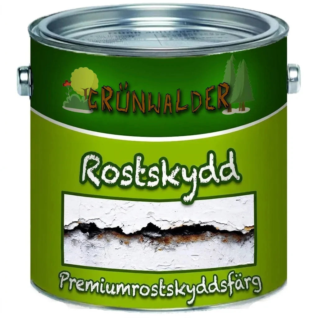Grünwalder premium rostskyddsfärg i burk, med bild av rostig yta på etiketten.