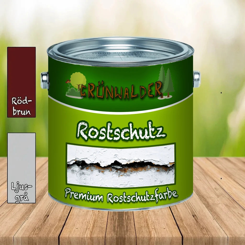 Grön målarburk med "GRÜNWALDER Rostschutz" och "Premium Rostschutzfarbe". Visar rostig metall. Färgprover: "Röd-brun" och "Lj