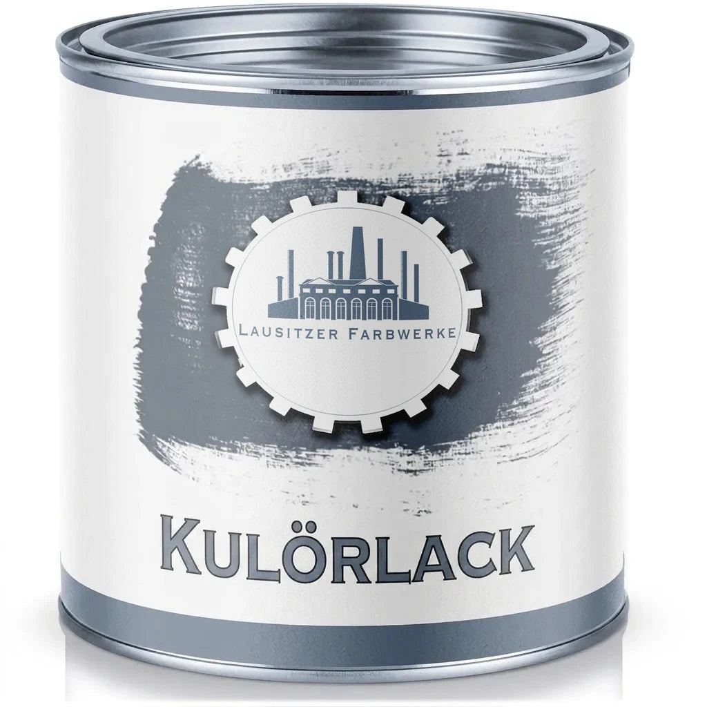 Målarburk med grå färglack från Lausitzer Farbwerke, fabrikslogotyp i en kugge.
