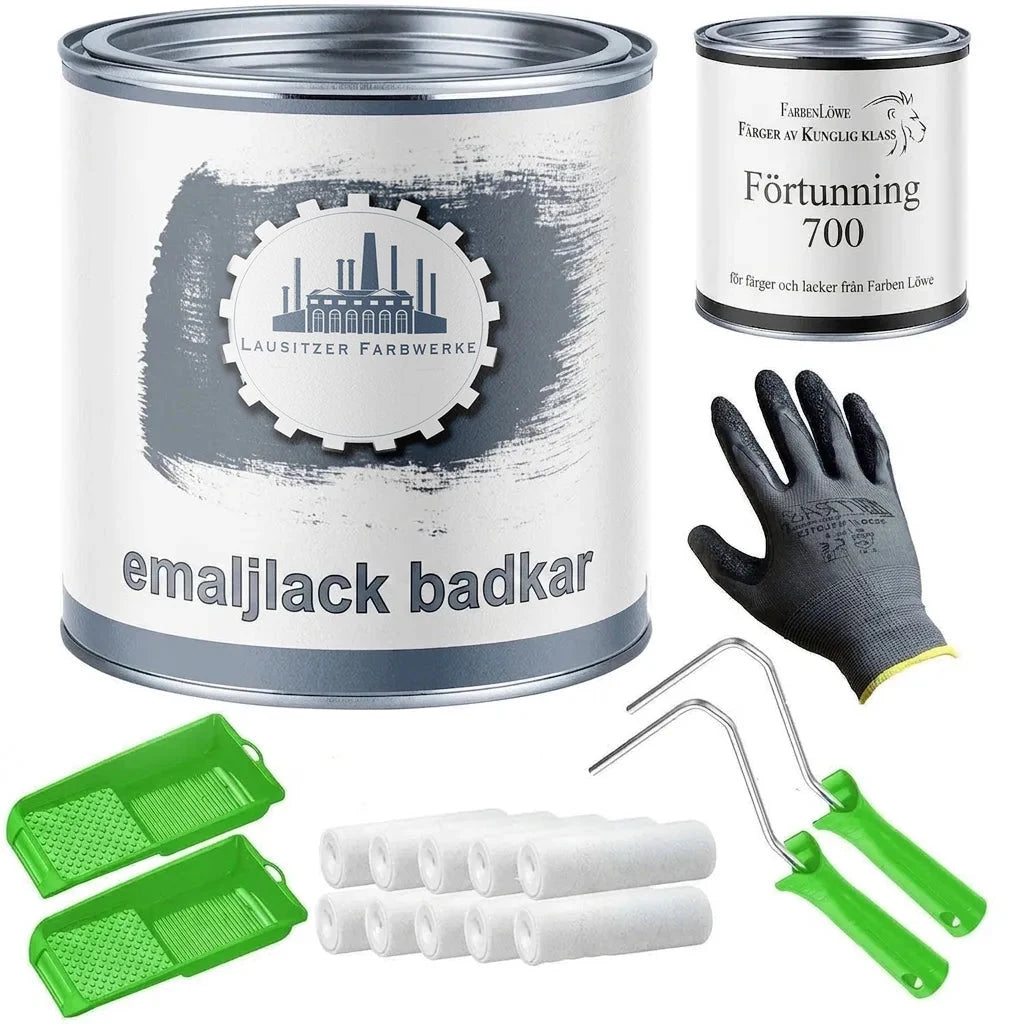 Kit för badkarsmålning: badkarslack, förtunning, roller, målarhandskar, målarbrickor.