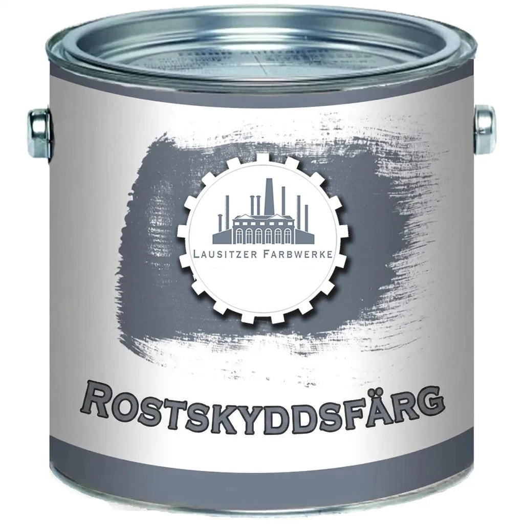 Grå burk med rostskyddsfärg från Lausitzer Farbwerke.