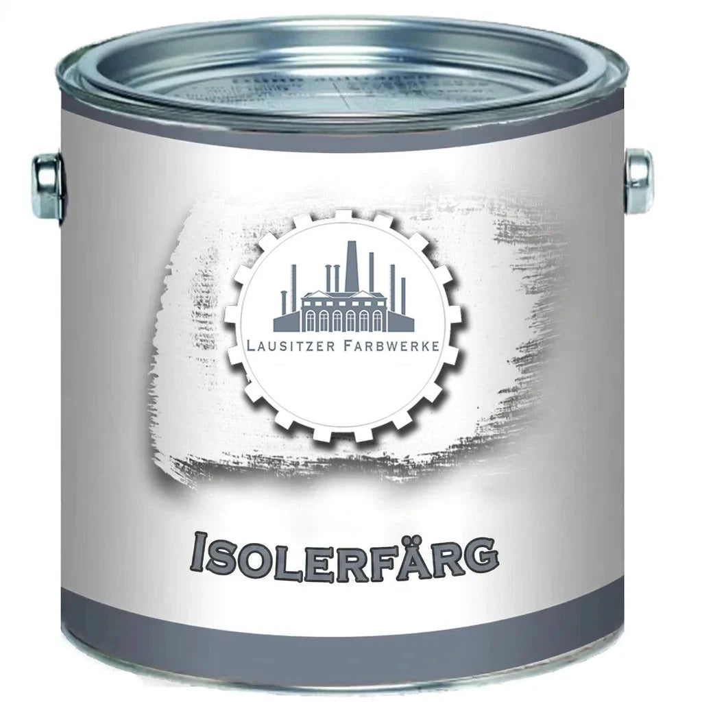 Vit färgburk från Lausitzer Farbwerke med etikett för Isolerfärg (isolerande färg).