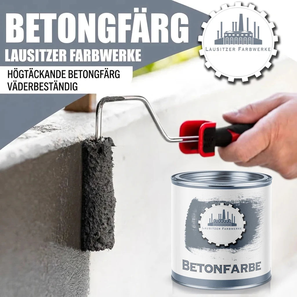 Lausitzer Farbwerke "BETONFÄRG" för betong. En hand målar en vägg med grå färg från en burk "BETONFARBE".