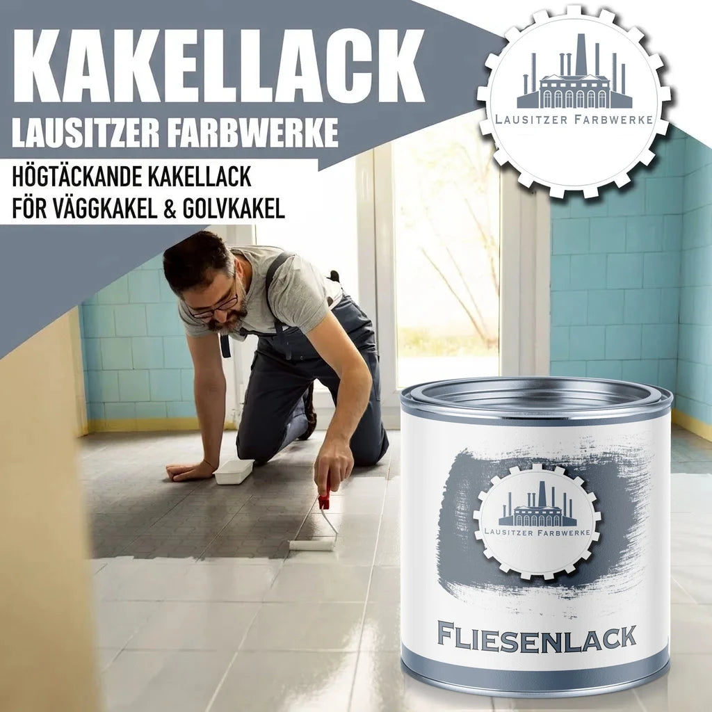 Lausitzer Farbwerke kakelfärg med målarsats: man rollar färg på golvkakel, burken syns
