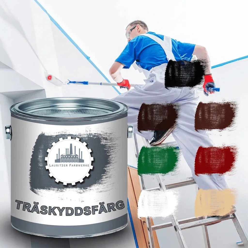 Målare på stege målar vägg. Färgburk med träskyddsfärg och flera färgrutor i olika nyanser.