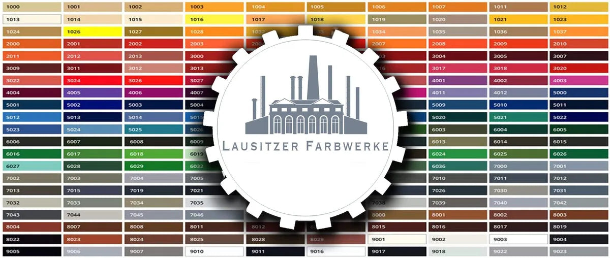 Färgkarta med RAL-koder från Lausitzer Farbwerke, med en mängd olika nyanser presenterade.