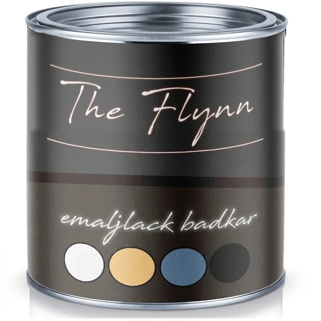 Svart färgburk med The Flynn badkarsfärg. Fyra färgprover i vitt, gult, blått och svart.