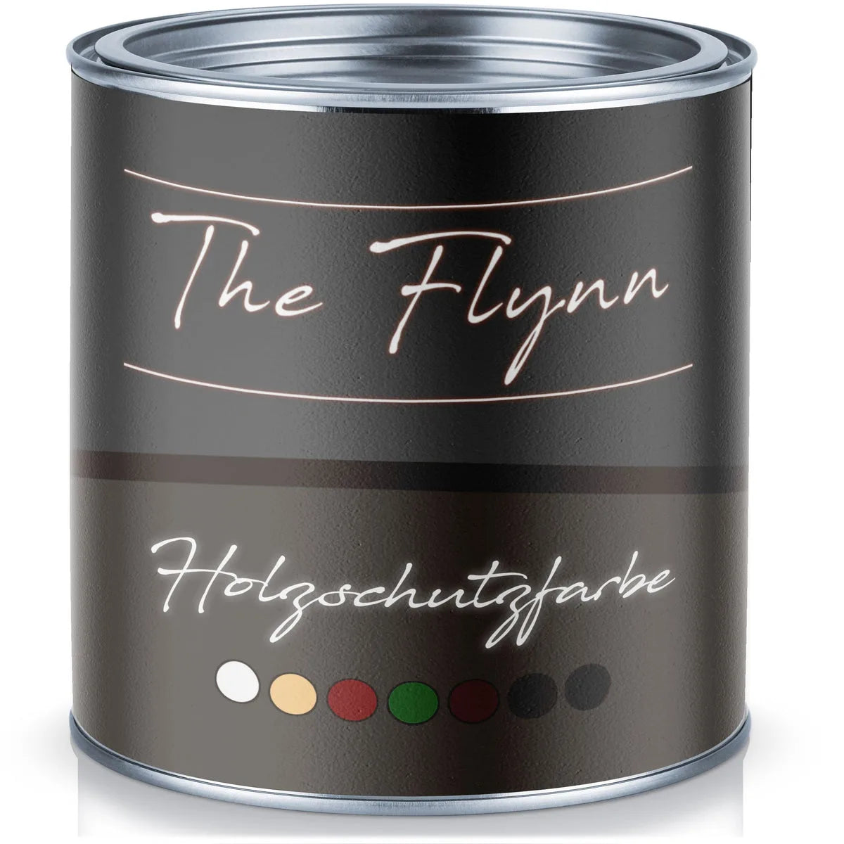 The Flynn färgburk med träskyddsfärg och färgprover i vitt, gult, rött, grönt, brunt och svart.