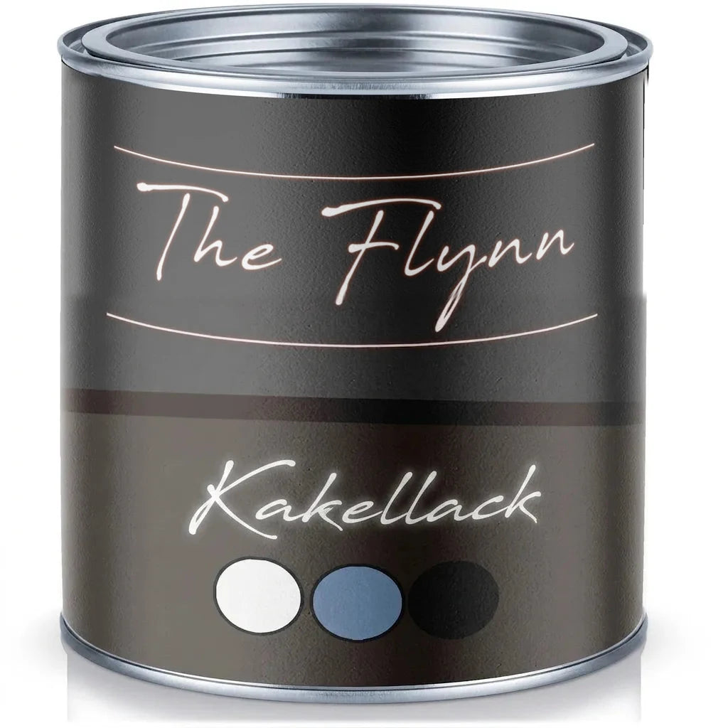 The Flynn kakelfärg i burk med färgprover i vitt, blått och svart.