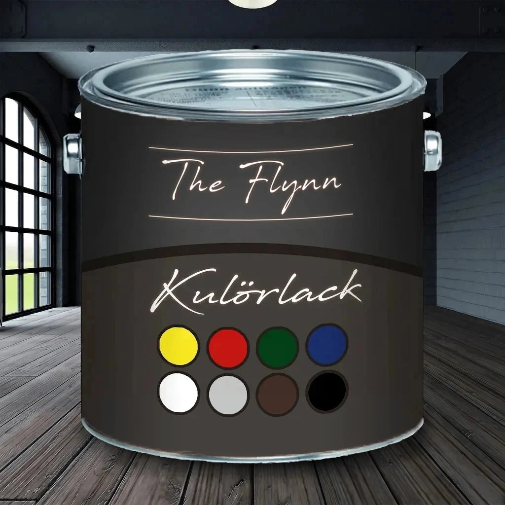 Målarburk The Flynn Bunttack med olika färgprover på etiketten, i ett modernt rum.