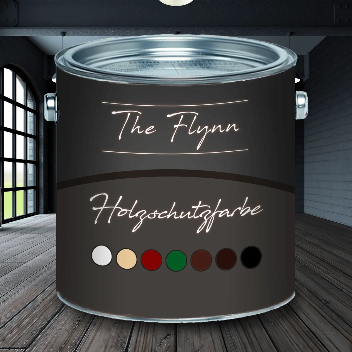 Mörkgrå färgburk The Flynn Holzschutzfarbe (träskyddsfärg) med färgprover i modern industrimiljö.