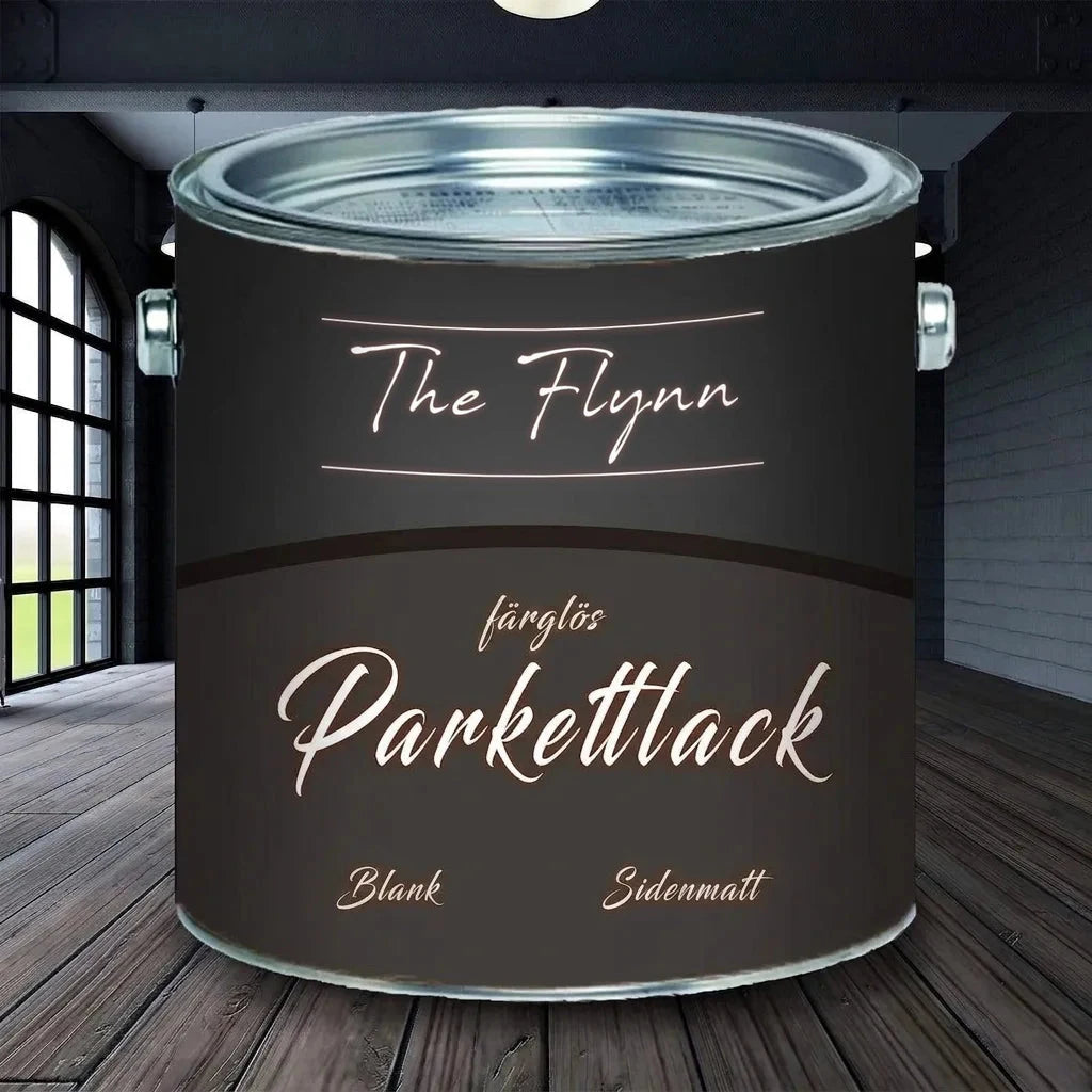 Mörk burk med The Flynn färglös parkettlack. Glansig och silkesmatt finish.