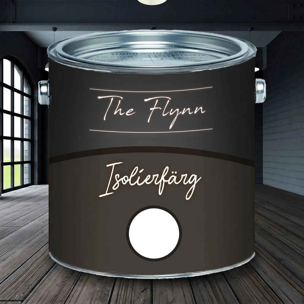 Svart färgburk med texten 'The Flynn Isolierfarbe' och en vit cirkel, på trägolv i ett mörkt rum.